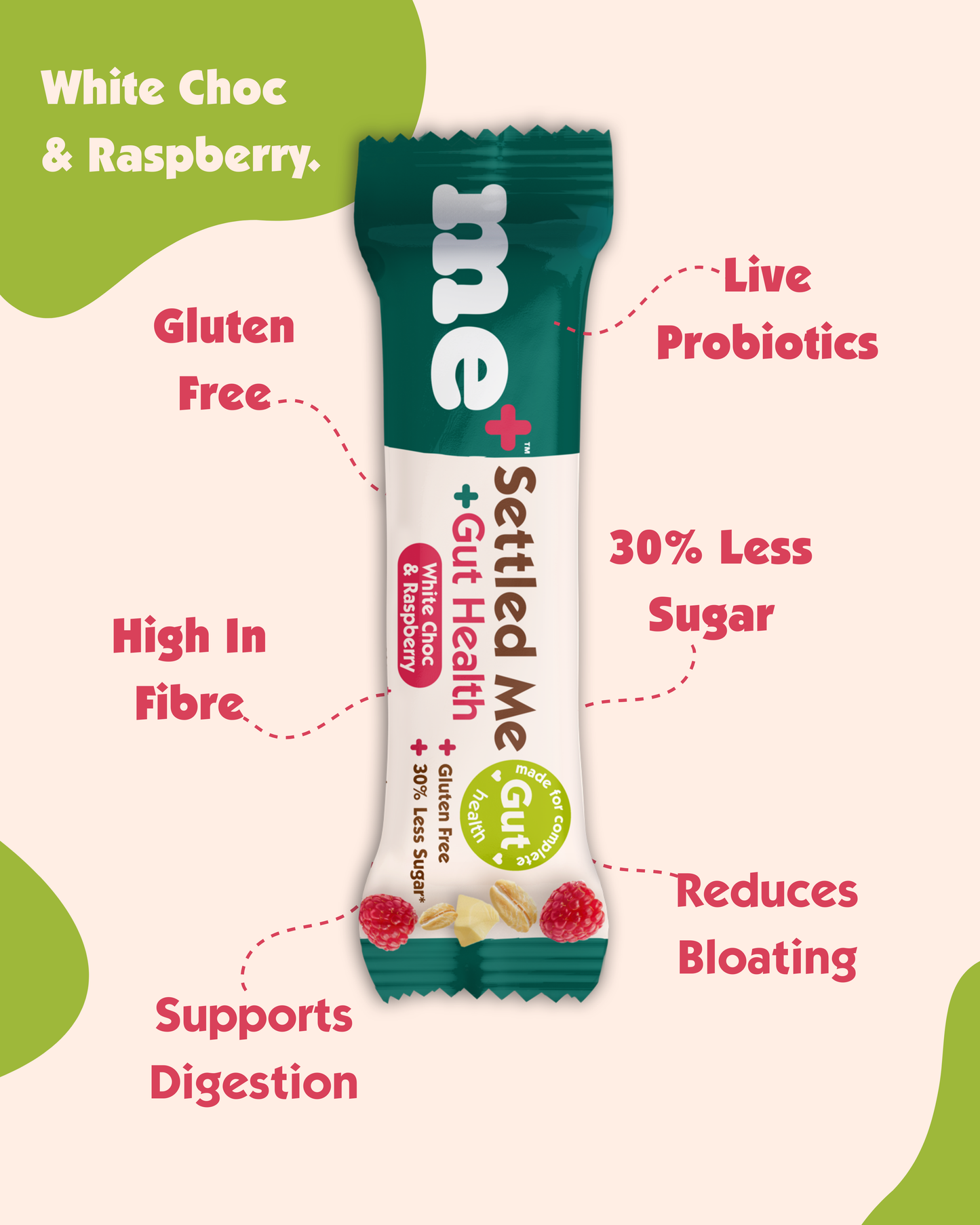 White Choc & Raspberry Settled Me + Gut Health (6 Packs - 30 Bars)
