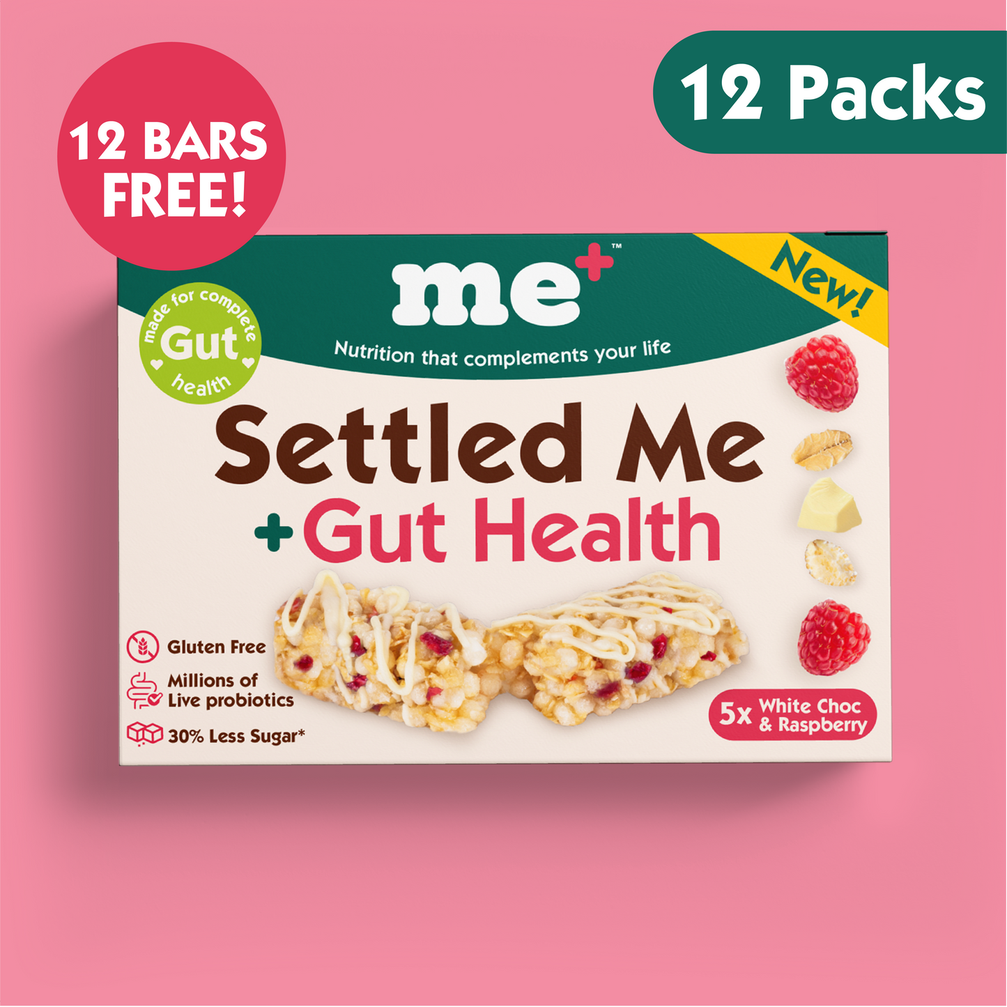 White Choc & Raspberry Settled Me + Gut Health (12 Packs - 60 Bars)