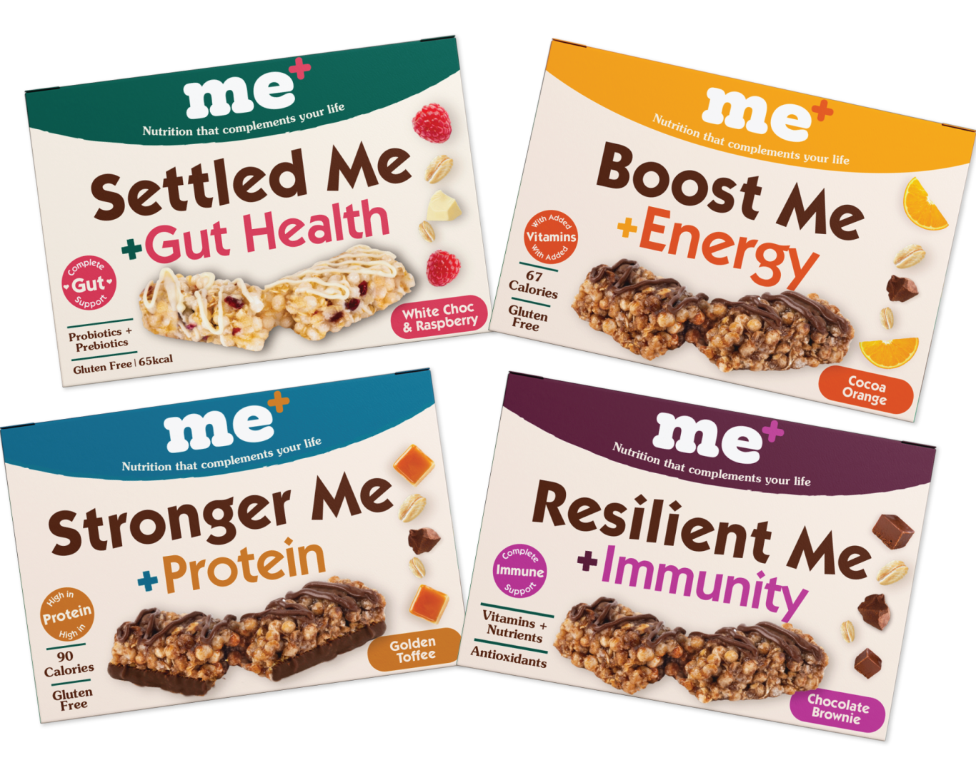 Packets of health snacks featuring white chocolate and raspberry flavours.